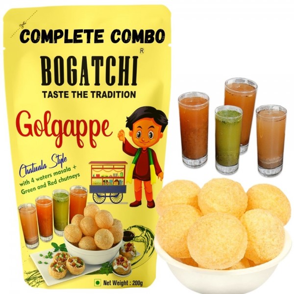 BOGATCHI Ready to Fry Atta Golgappe-Puchka- Panipuri with 4 Waters Masala and Green & Red Chutneys | Pani Puri Pappad | Golgappe Packet ReadyMade | Home Made Fiber Rich Golgappa Complete Combo, 200g